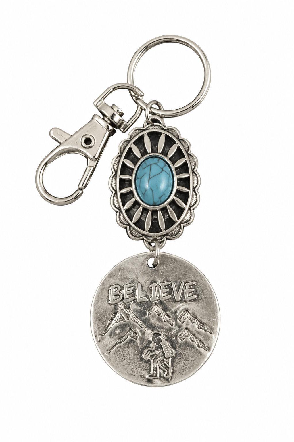 Believe Bigfoot Mountain Turquoise Hand Stamped Polished Aluminum Keychain