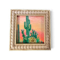 "Sunset Saguaro" Original 4x4 Acrylic Painting with Beaded Wood Frame