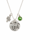 Hand-Stamped "LOVE" Disc Necklace with Saguaro Cactus Charm & Green Gemstone Accent
