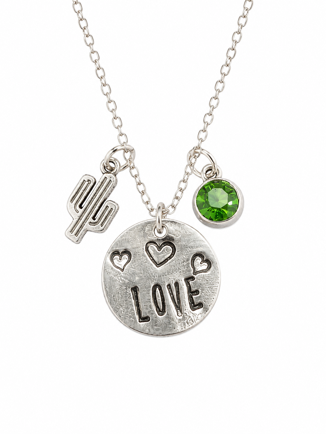 Hand-Stamped "LOVE" Disc Necklace with Saguaro Cactus Charm & Green Gemstone Accent