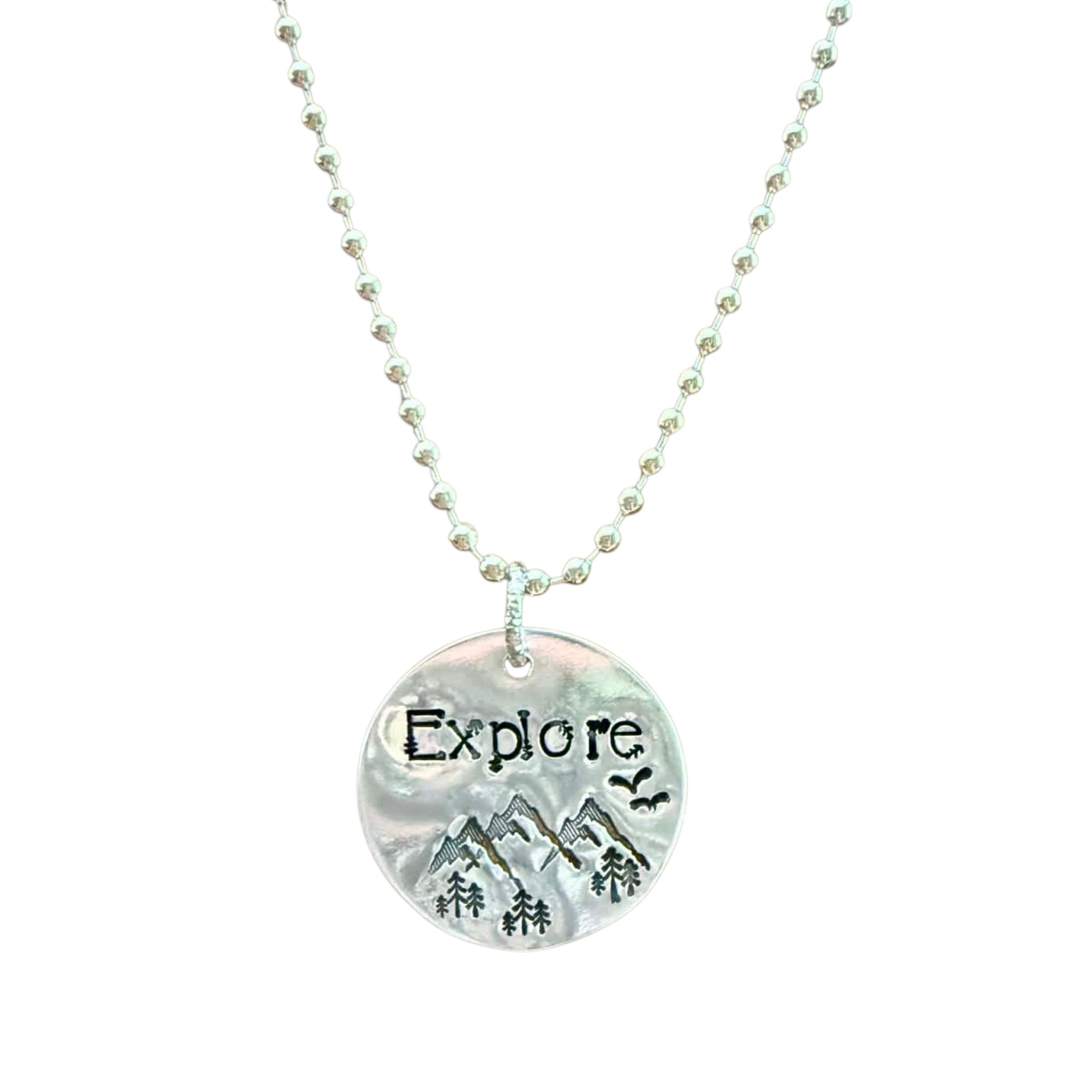 Hand-Stamped "Explore" Necklace - Artisan Aluminum Mountain Pendant