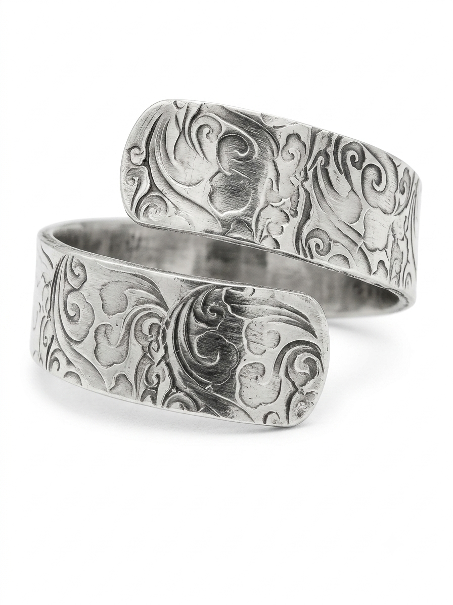 Boho Floral Hand-Stamped Polished Aluminum Wrap Ring