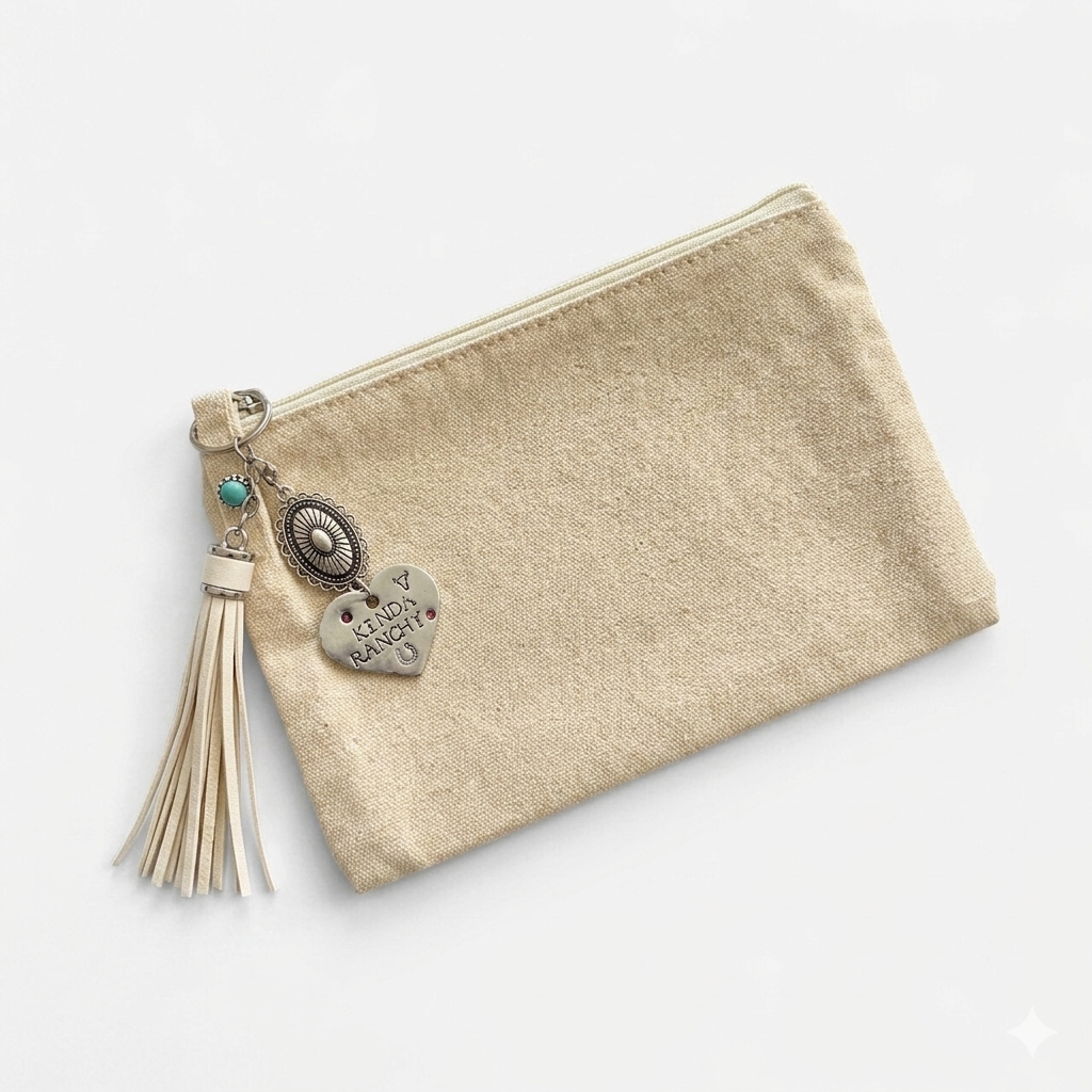 Boho-Chic Canvas Makeup Bags with Hand-Stamped Charms & Faux Suede Tassels