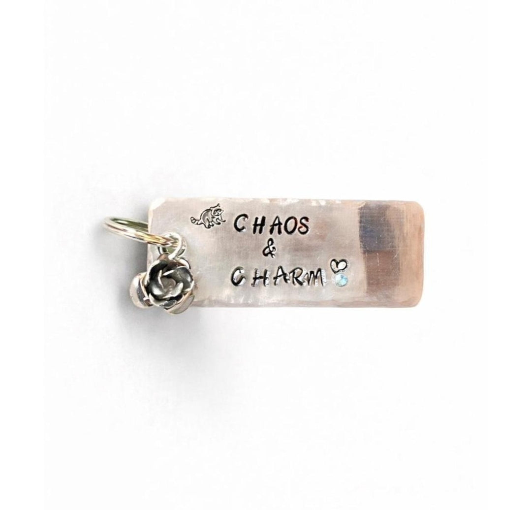 Handstamped chaos and charm keychain