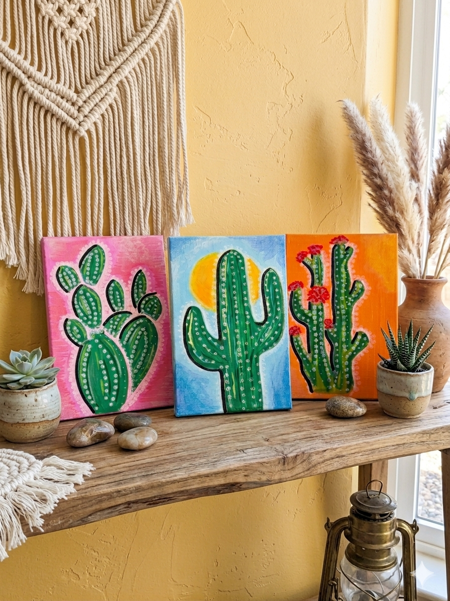 Hand-Painted Cactus Canvas Art Set – Original 4x6 Acrylic Desert Paintings (Set of 3), Vibrant Boho Chic Wall Decor