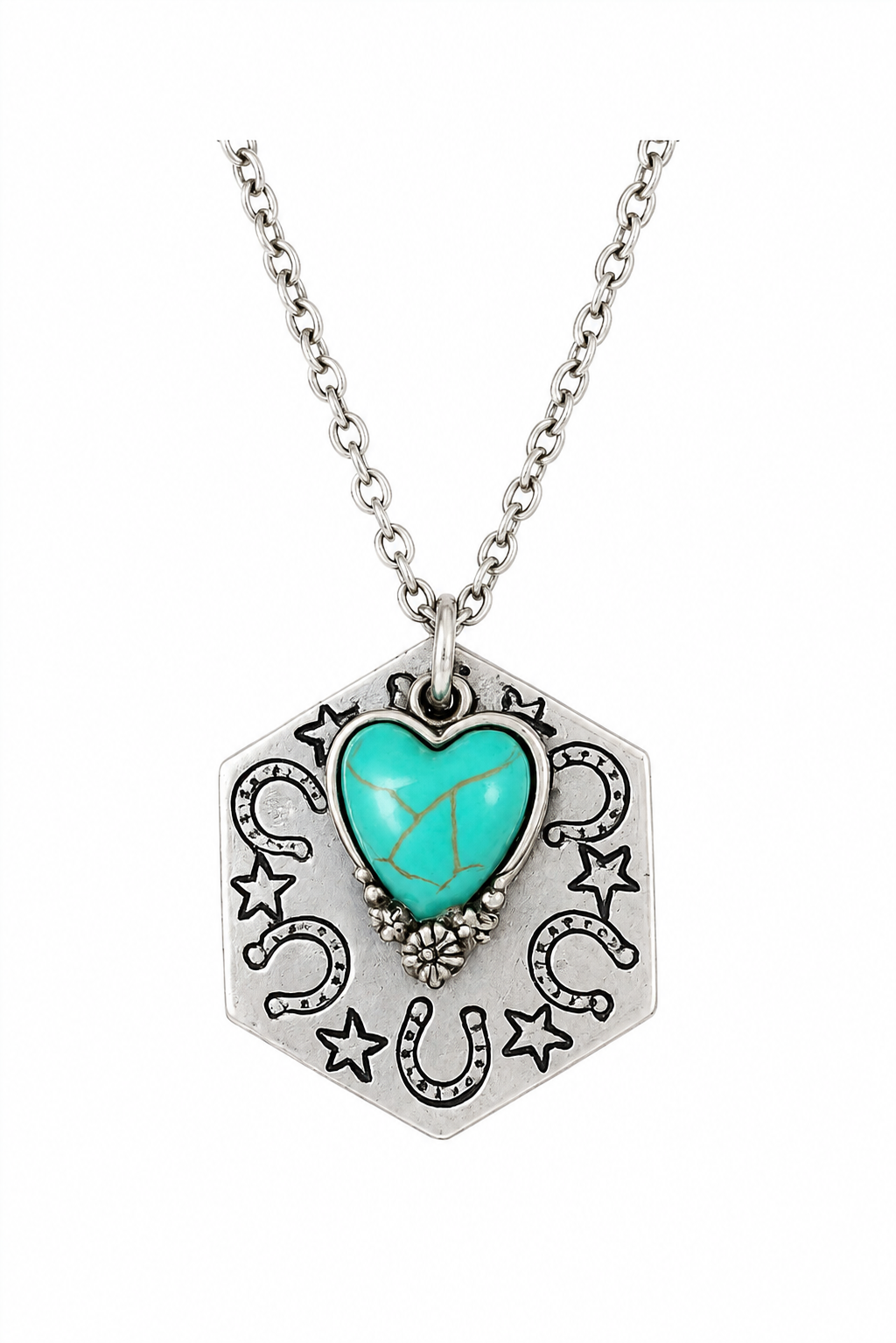 Lucky Hearts Hand-Stamped Hexagon Pendant with Genuine Turquoise