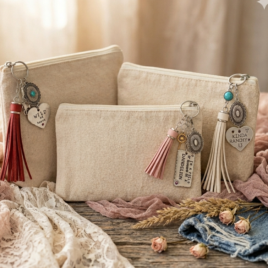 Boho-Chic Canvas Makeup Bags with Hand-Stamped Charms & Faux Suede Tassels