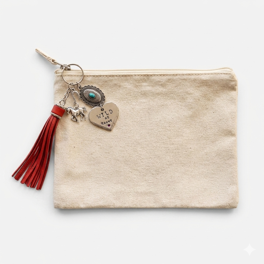 Boho-Chic Canvas Makeup Bags with Hand-Stamped Charms & Faux Suede Tassels