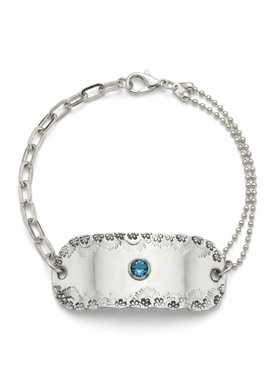 Hand-Stamped Scalloped Sunburst Blue Gemstone Bracelet