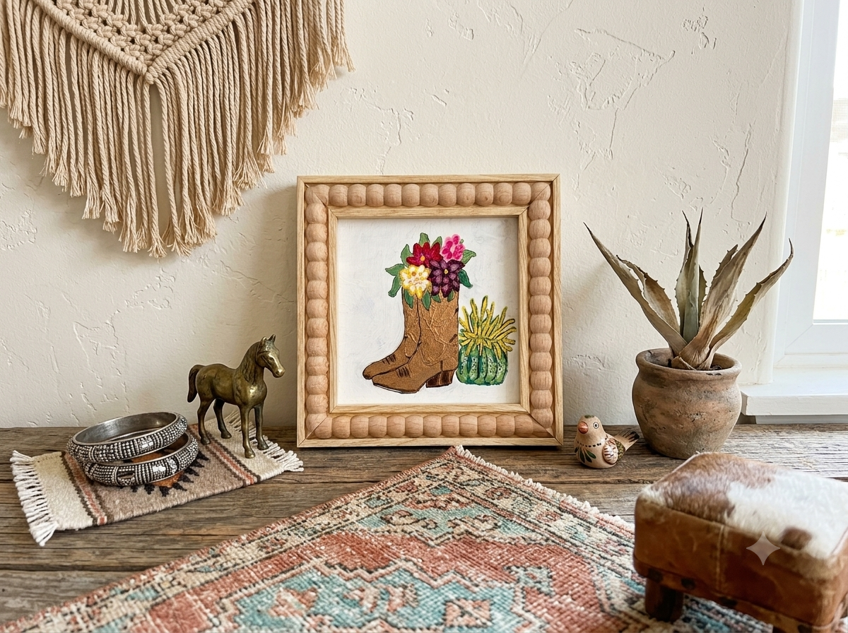 Floral Cowboy Boot & Cactus – Original Acrylic Painting
