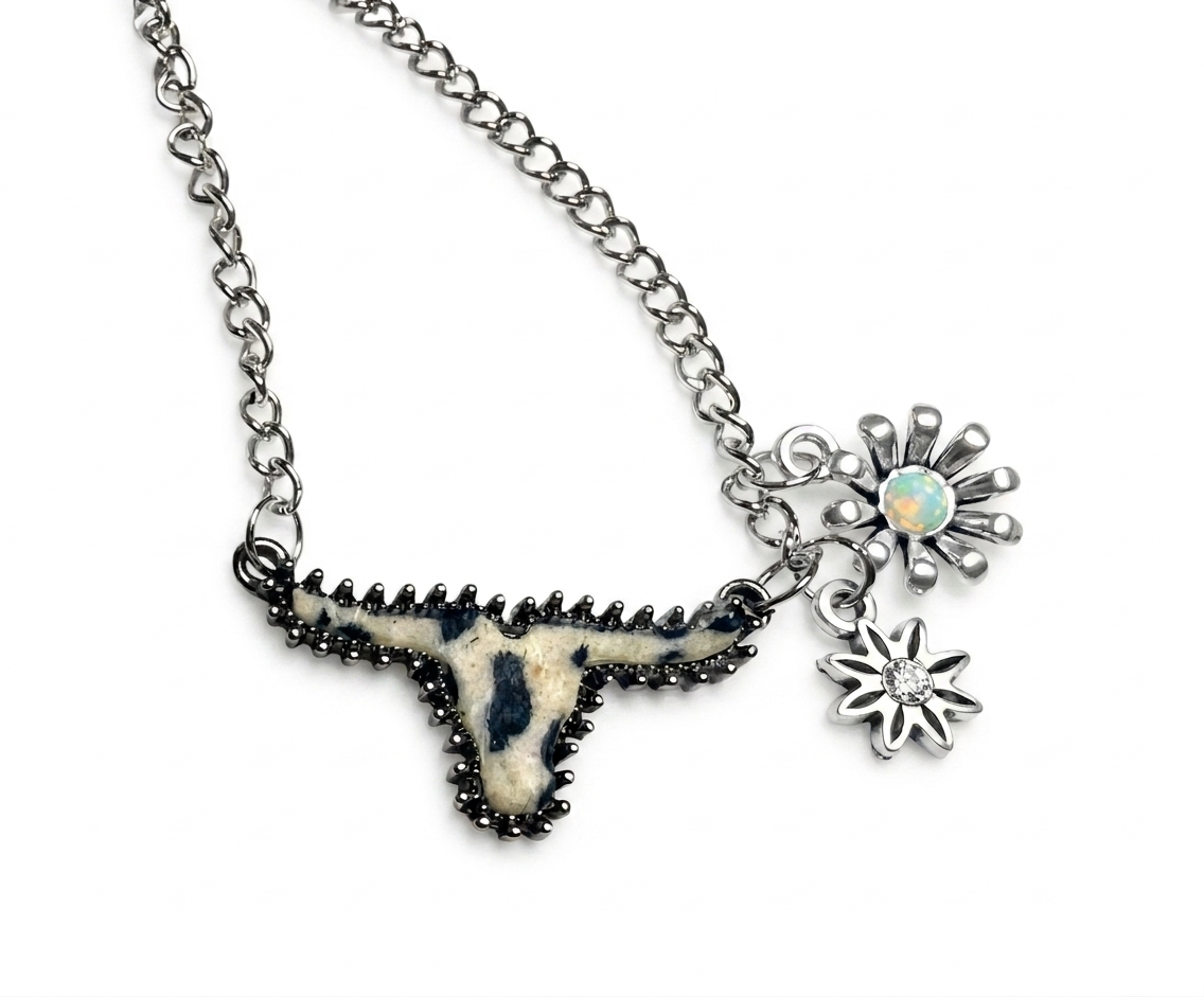 The "True Grit" Longhorn Statement Necklace – Hand-Stamped with Genuine Gemstones