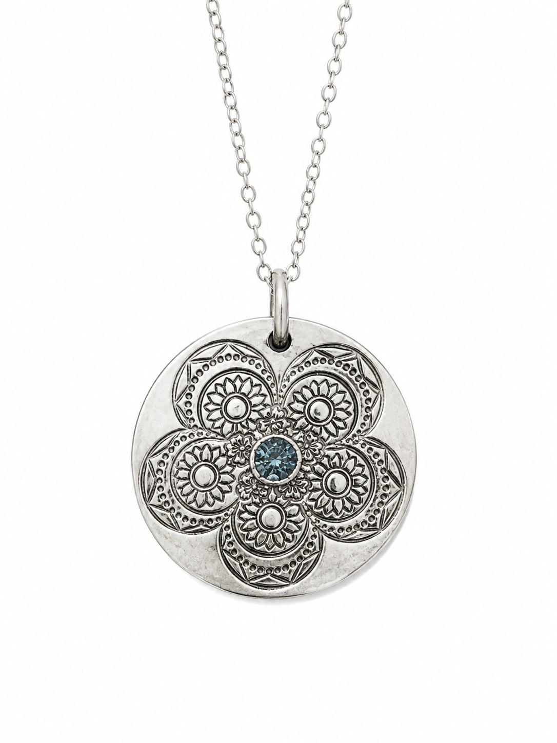 Hand-Pressed Aluminum Mandala Flower Necklace with Teal Gemstone Accent – 1"