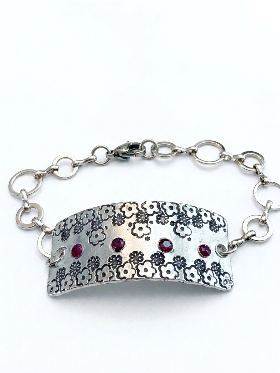Hand-Pressed Wildflower Ruby-Red Gemstone Chain Bracelet