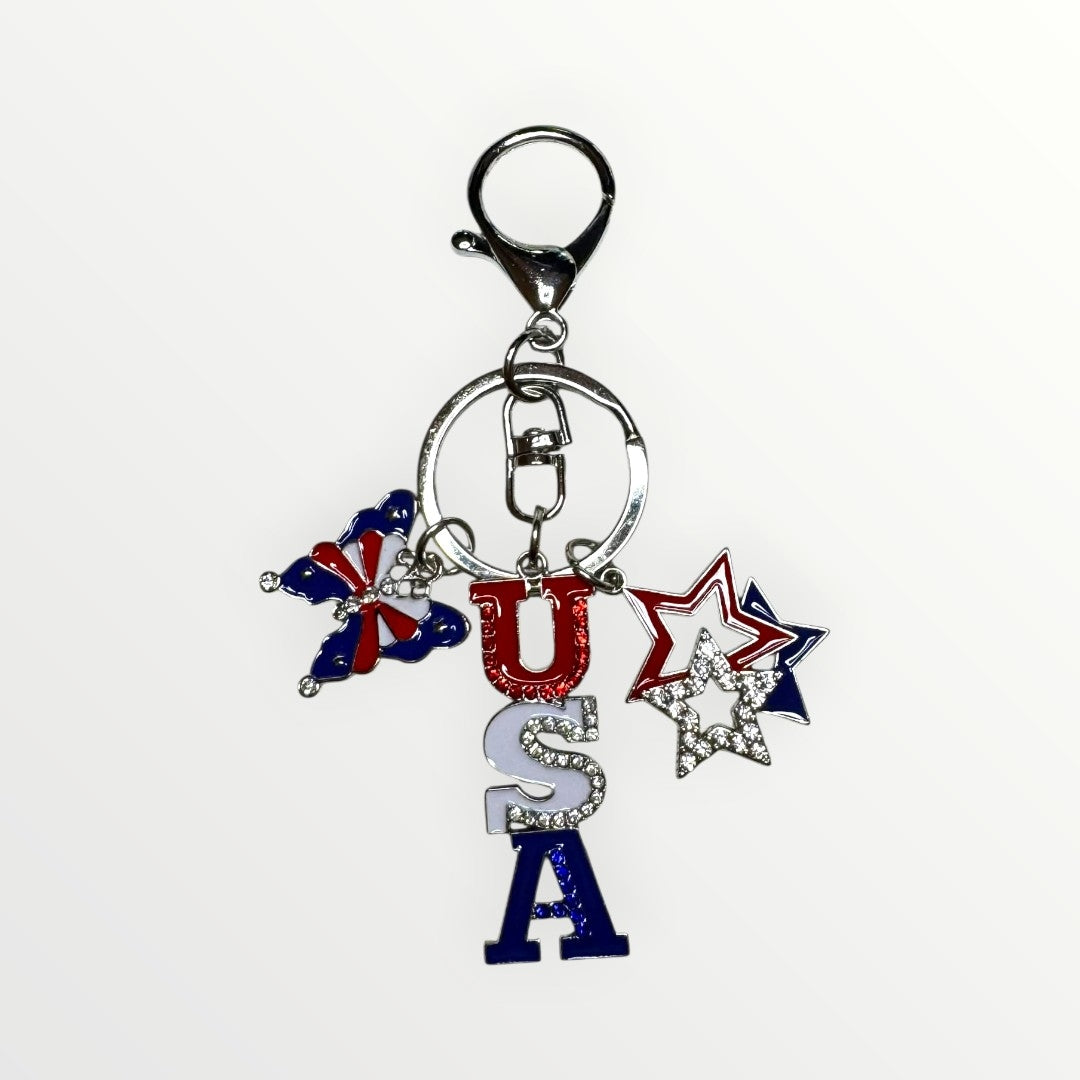 Patriotic USA Butterfly Keychain | Handcrafted Rhinestone Star Keychain