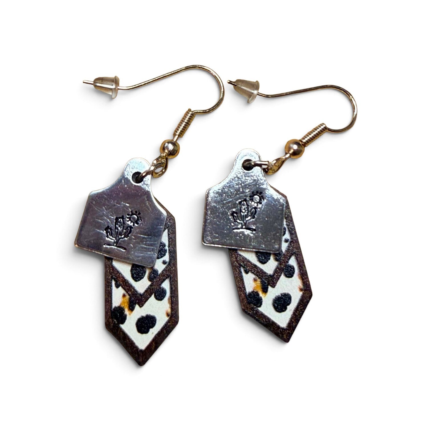 Hand-Stamped Cactus & Cow-Print Cattle Tag Earrings