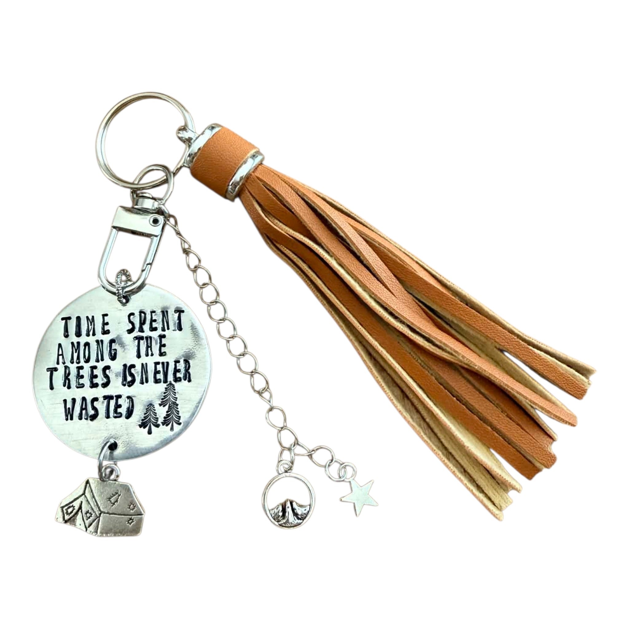 "Time Spent Among The Trees" Keychain - Hand-Stamped Aluminum & Faux Leather Tassel Charm