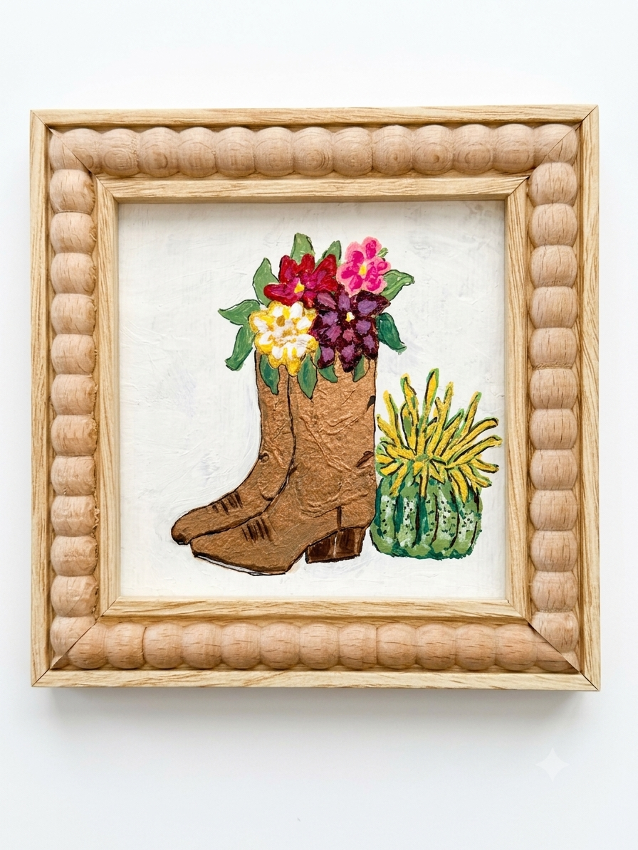 Floral Cowboy Boot & Cactus – Original Acrylic Painting