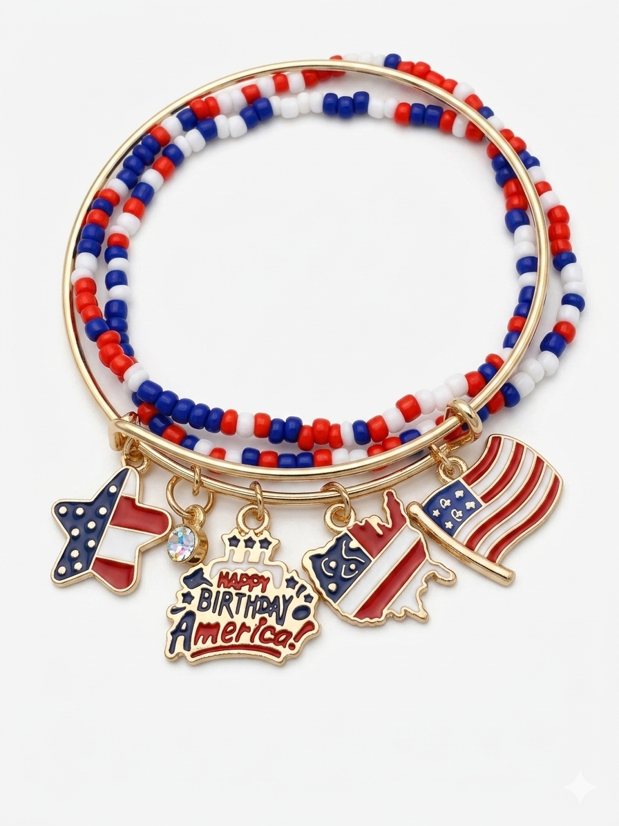 Patriotic "Happy Birthday America" Charm Stack: Festive Independence Day Bracelet