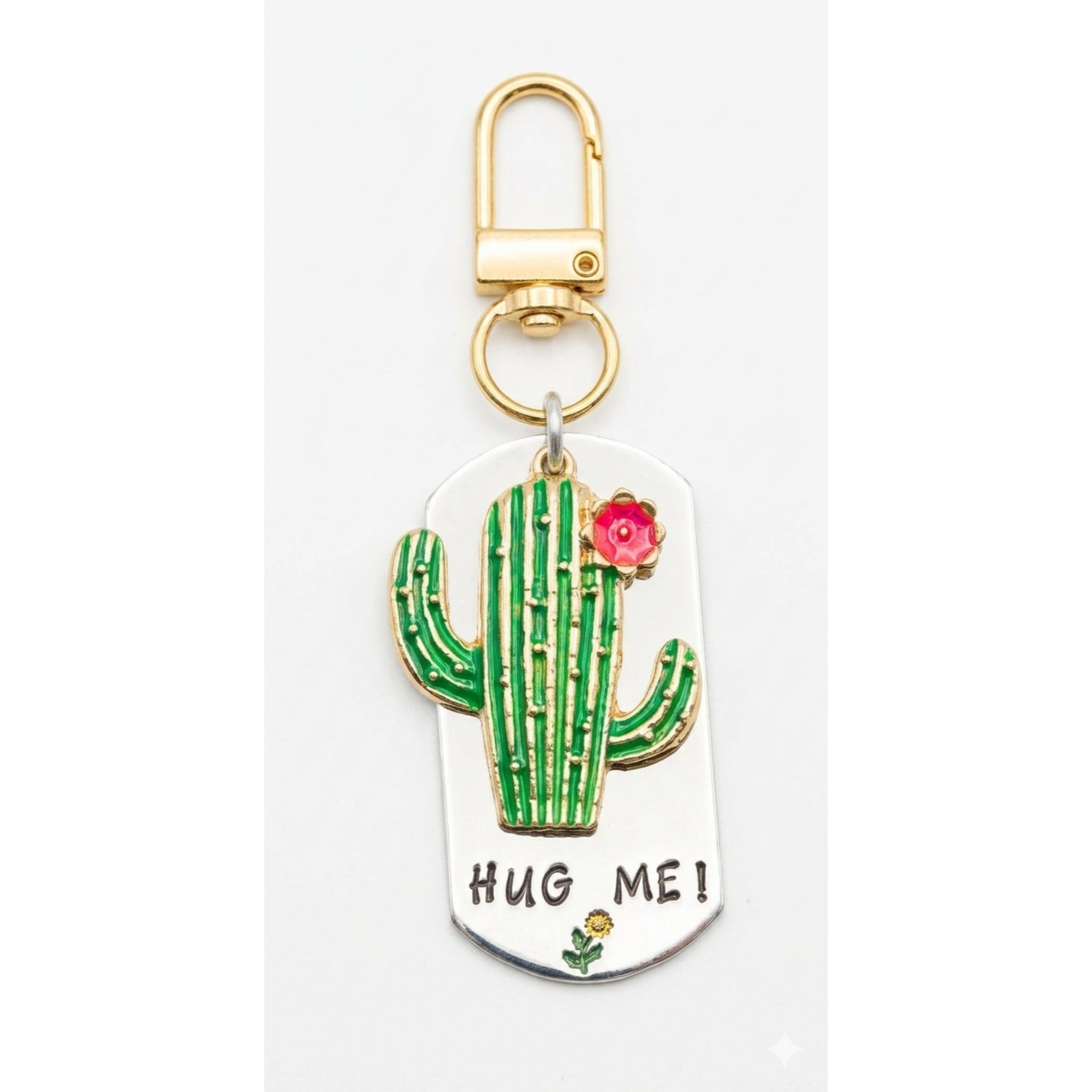 "Hug Me!" Hand-Stamped Cactus Keychain | Polished Aluminum