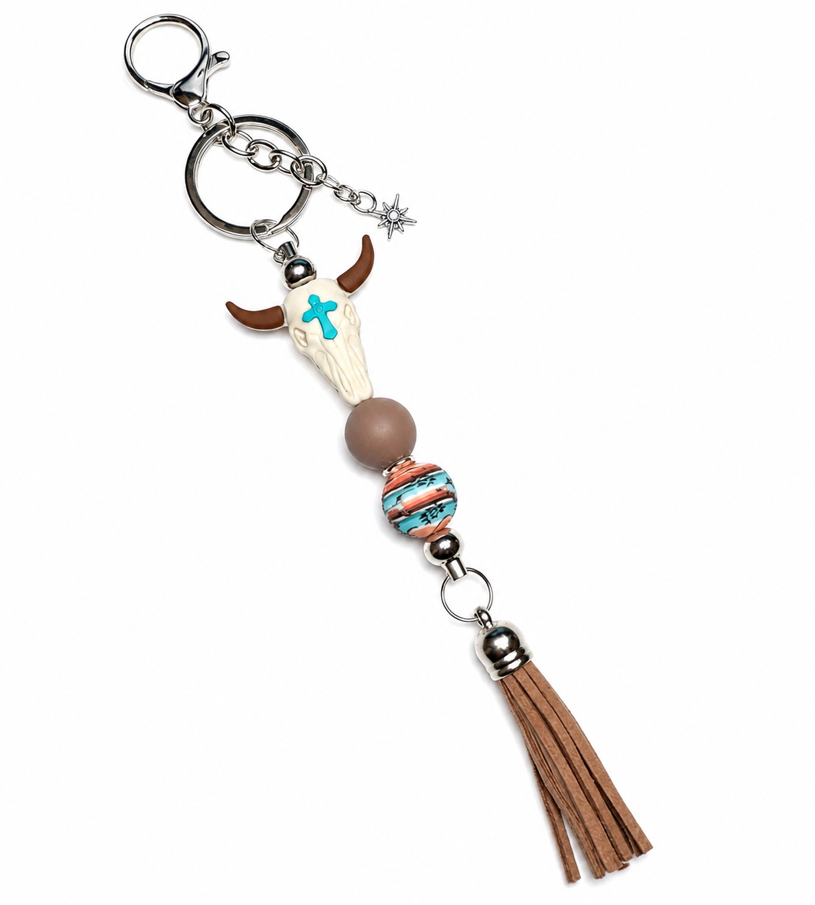 Southwestern Bull Skull Keychain – Handcrafted Boho Star Accessory