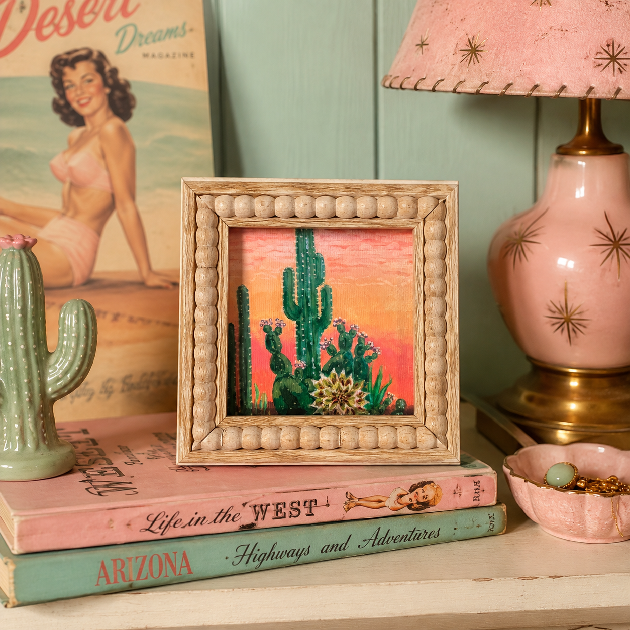 "Sunset Saguaro" Original 4x4 Acrylic Painting with Beaded Wood Frame