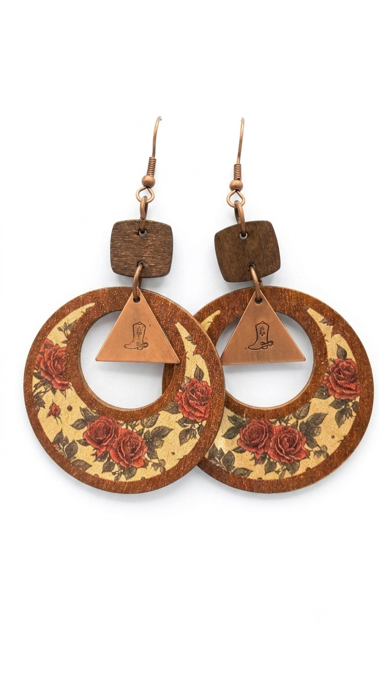Handstamped Cowboy Boot Vintage Rose Leather Earrings