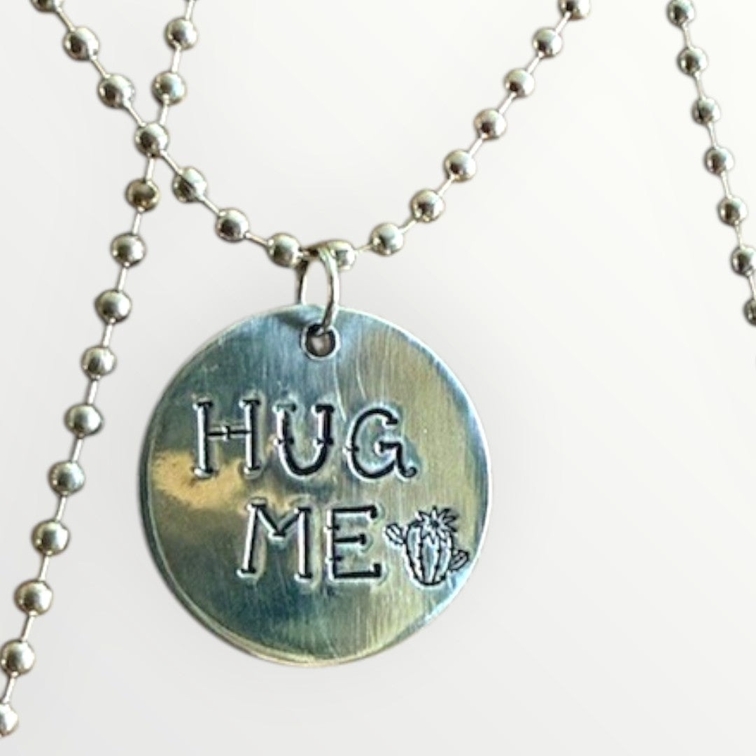 Hand-Pressed "HUG ME" Cactus Pendant Necklace (25" Chain)