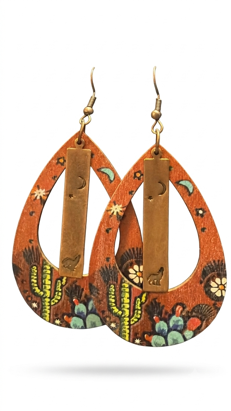 Howling Coyote & Painted Desert Teardrop Leather Earrings