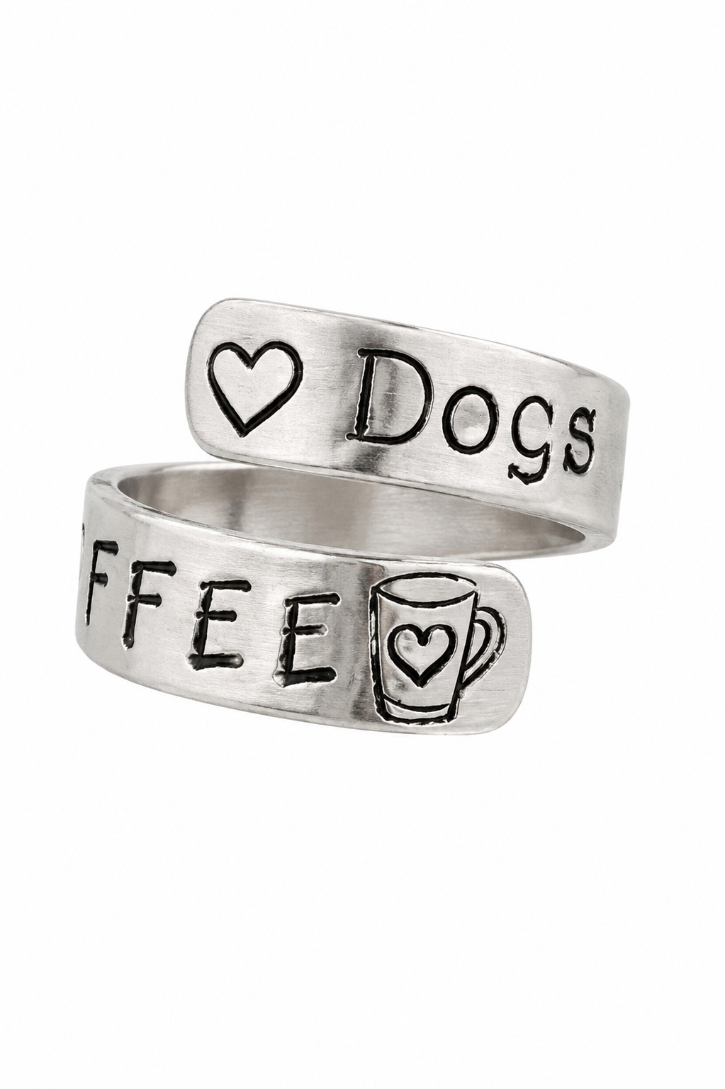 Coffee & Dogs Hand Stamped Polished Aluminum Wrap Ring