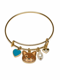 Boho Cat Charm Bangle Bracelet – Handcrafted Tabby Kitty, Pearl & Turquoise Heart