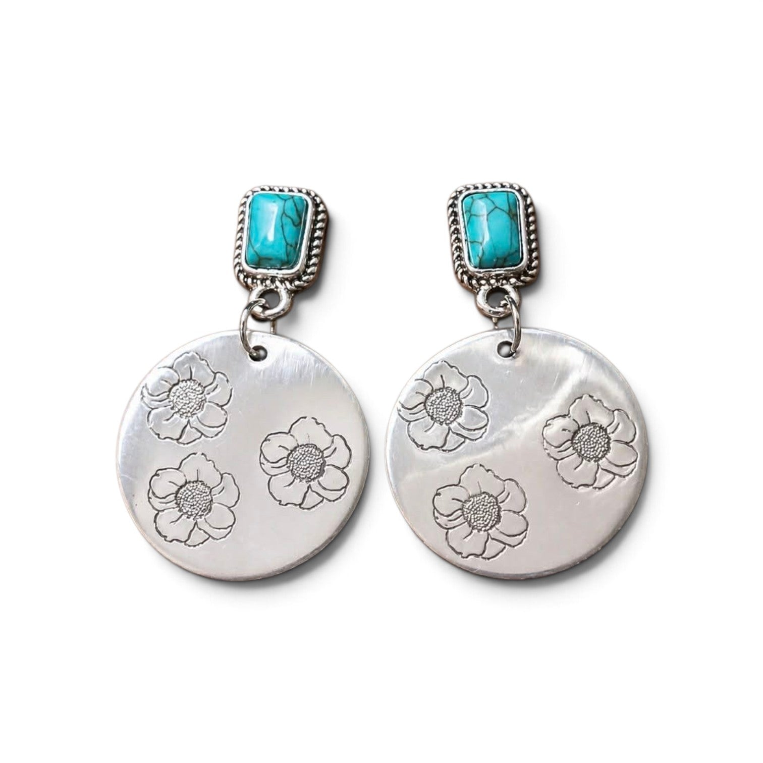 Desert Floral Hand-Stamped Polished Aluminum Earrings with Turquoise Accent